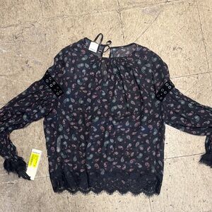 Pinko Black Paisley Blouse with Lace Trim